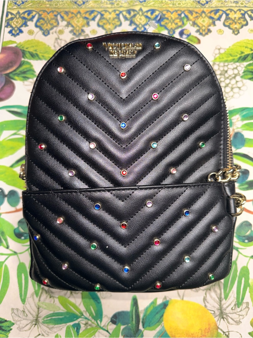 Victoria's Secret Black Quilted Backpack with Multicolored Studs - Picture 1 of 8